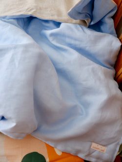 Blue linen with bone linen cot quilt