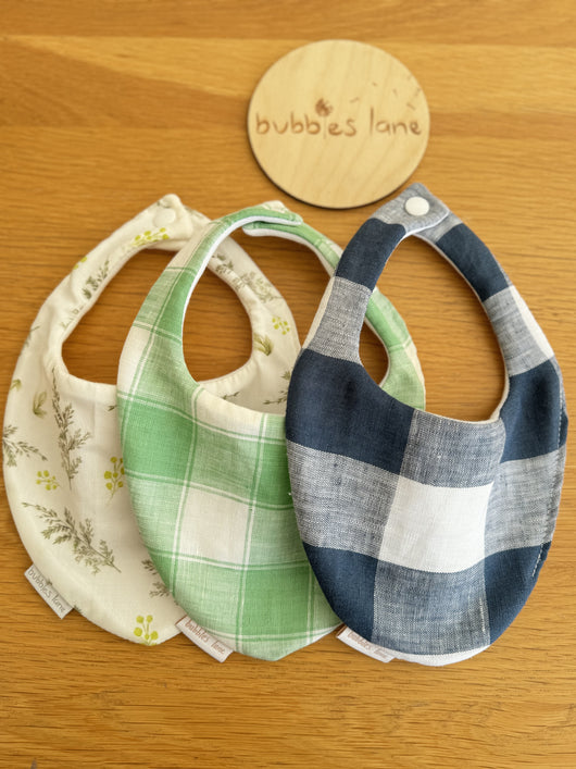 Leaves, green gingham linen, navy gingham linen bandana bibs