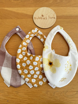 Plum gingham, mustard floral, lemon floral bandana bibs