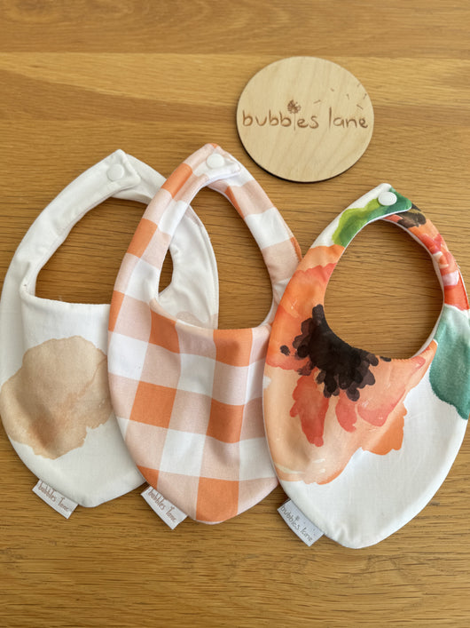 Watercolour, orange gingham, floral bandana bibs