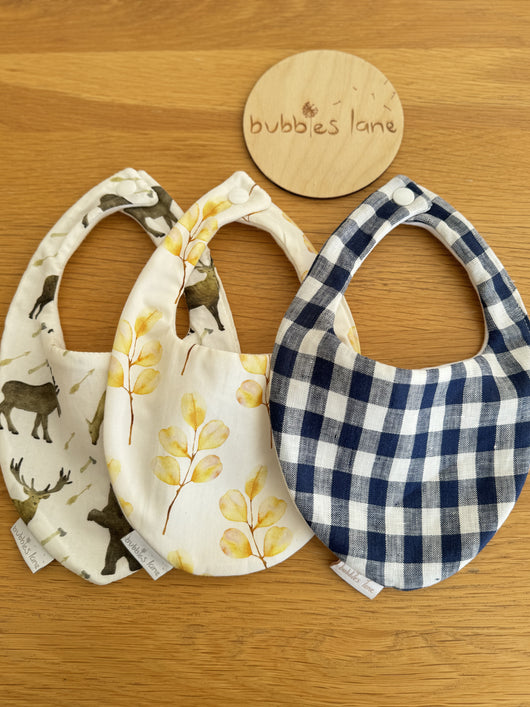 Bears, eucalyptus, navy gingham bandana bibs