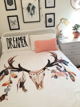 Stag skull and feather queen quilt cover