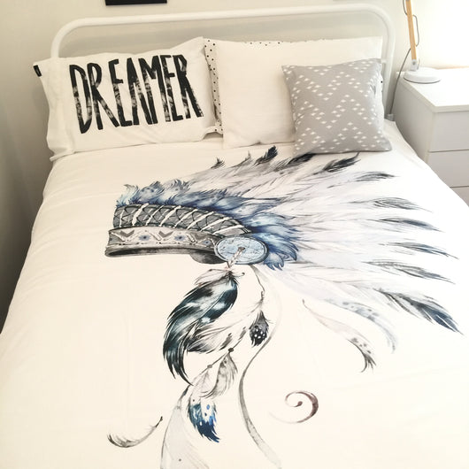 Blue and grey indian headdress king quilt cover