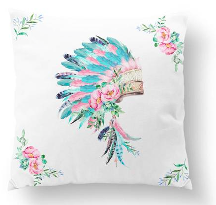 Pink and aqua Indian headdress european cushion cover