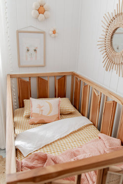 Yellow gingham linen with white linen cot quilt