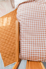 Toffee gingham linen with bone linen cot quilt