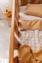 Bone large gingham linen with biscuit linen cot quilt