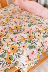 Green and mustard floral with peachy pink linen cot quilt