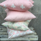 Pink cross, pink featherland, illustrated feather, pink textured triangle cushion cover