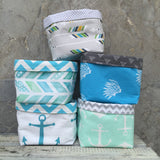 Grey arrow, aqua anchor, blue indian headers, blue/green arrowhead, mint anchor fabric basket 