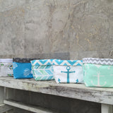 Grey arrow, aqua anchor, blue indian headers, blue/green arrowhead, mint anchor fabric basket 