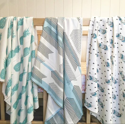 Teal pineapple, blue chevron/stripe, teal/mint feather organic cotton knit wrap