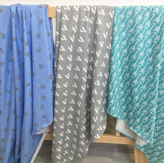 Blue zebra,  grey fox, teal arrow jersey cotton knit wrap