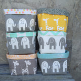 Yellow giraffe, Grey elephant, grey giraffe fabric baskets