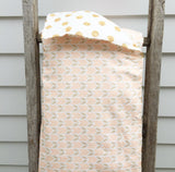 Peach/gold chevron cot quilt with gold dots